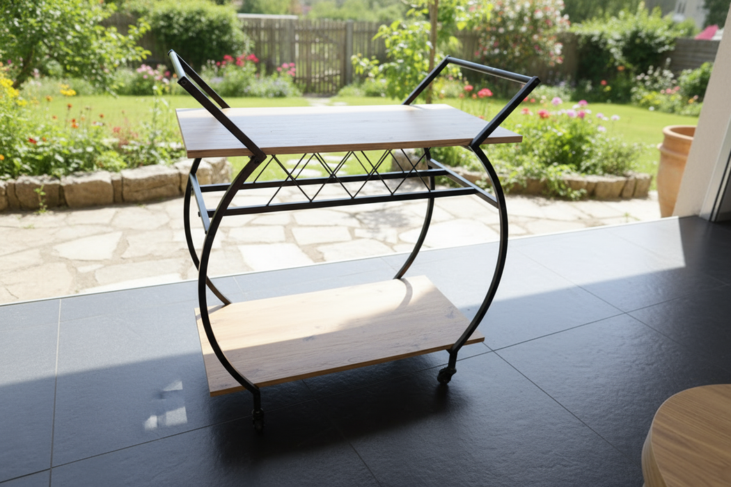 Chariot de bar avec casier à vin – 2 niveaux, bois et métal, sur roulettes – aspect chêne rustique – KING®