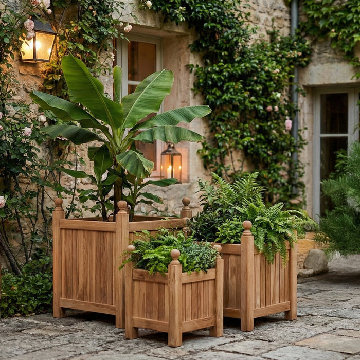 Tekora teak bloembakken set square – 3-delige plantenbakken in massief teak