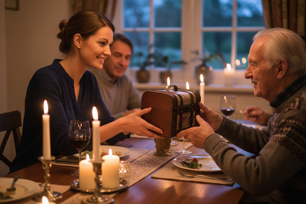 Boîte à bijoux vintage en bois à motif floral avec poignée – 26 x 18 x 17 cm