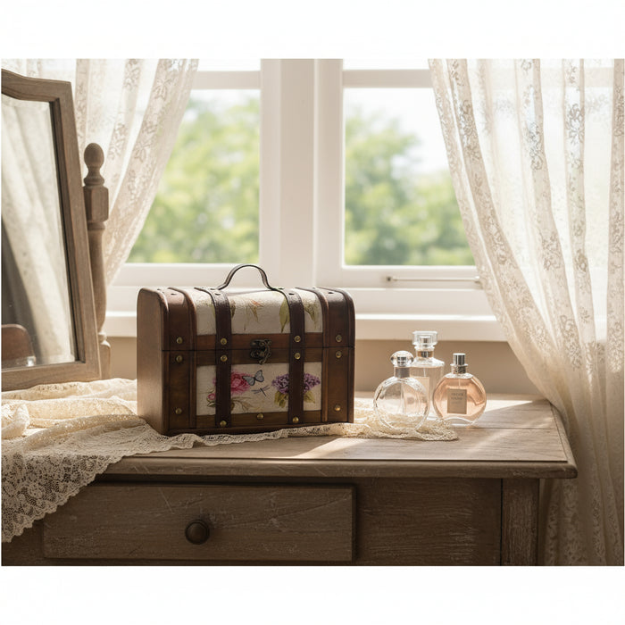 Vintage houten sieradendoos met bloemenmotief en handvat – 26 x 18 x 17 cm