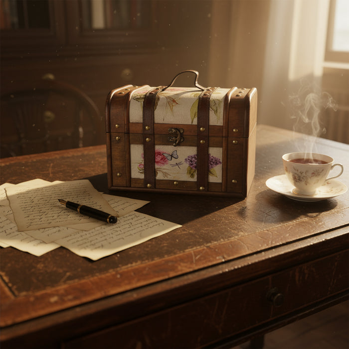 Vintage houten sieradendoos met bloemenmotief en handvat – 26 x 18 x 17 cm