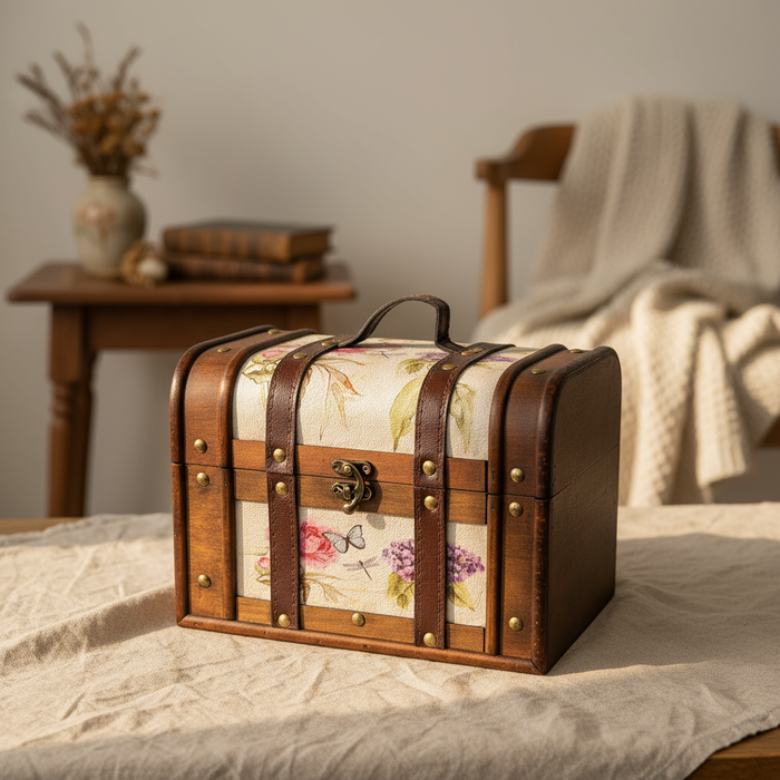 Vintage houten sieradendoos met bloemenmotief en handvat – 26 x 18 x 17 cm