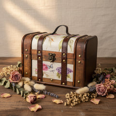 Vintage houten sieradendoos met bloemenmotief en handvat – 26 x 18 x 17 cm