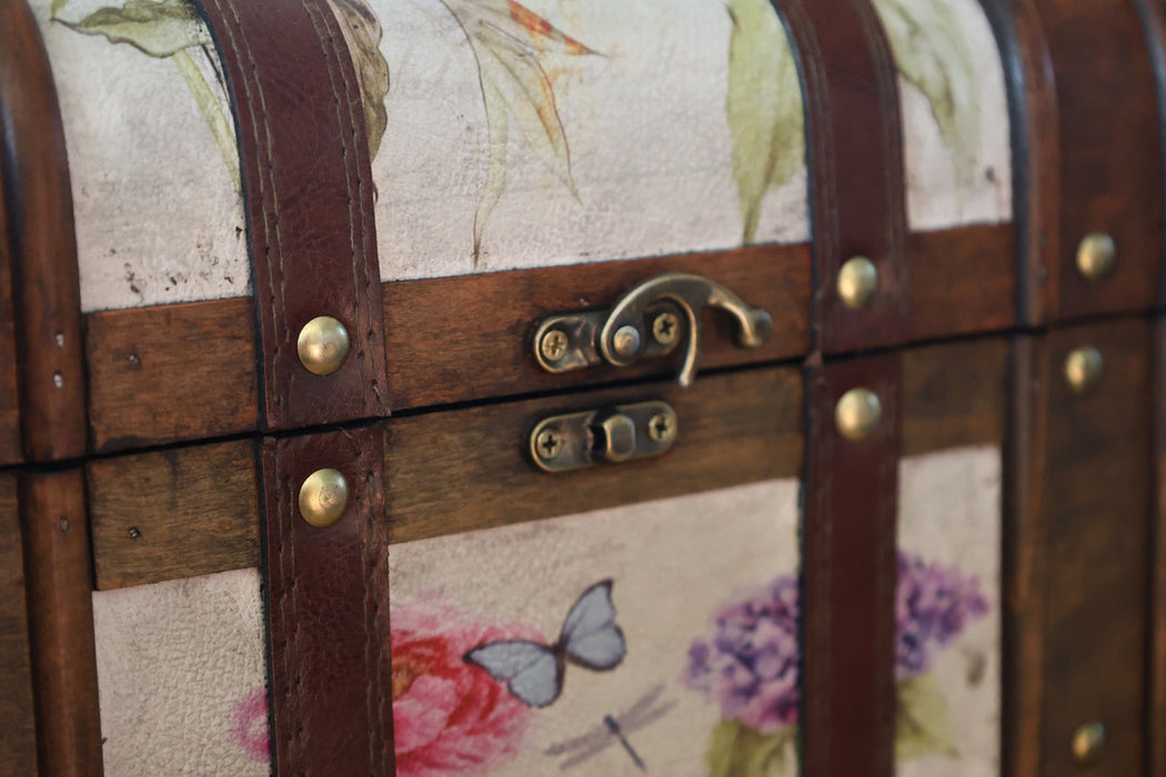 Boîte à bijoux vintage en bois à motif floral avec poignée – 26 x 18 x 17 cm