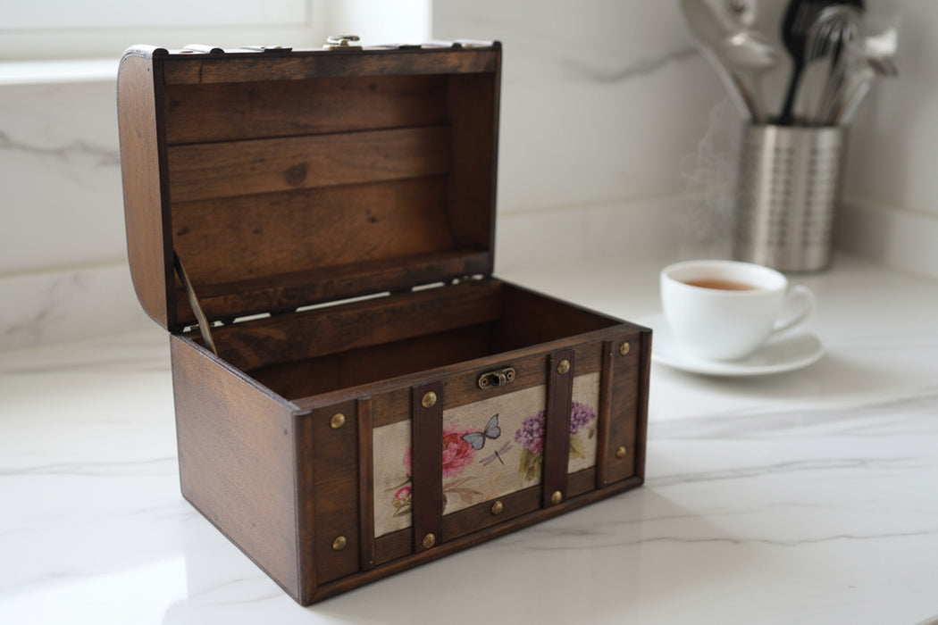 Boîte à bijoux vintage en bois à motif floral avec poignée – 26 x 18 x 17 cm