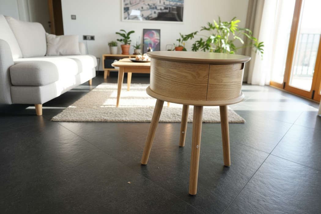 Table de chevet ronde avec 1 tiroir – design incurvé (Ø45 x 50 cm)
