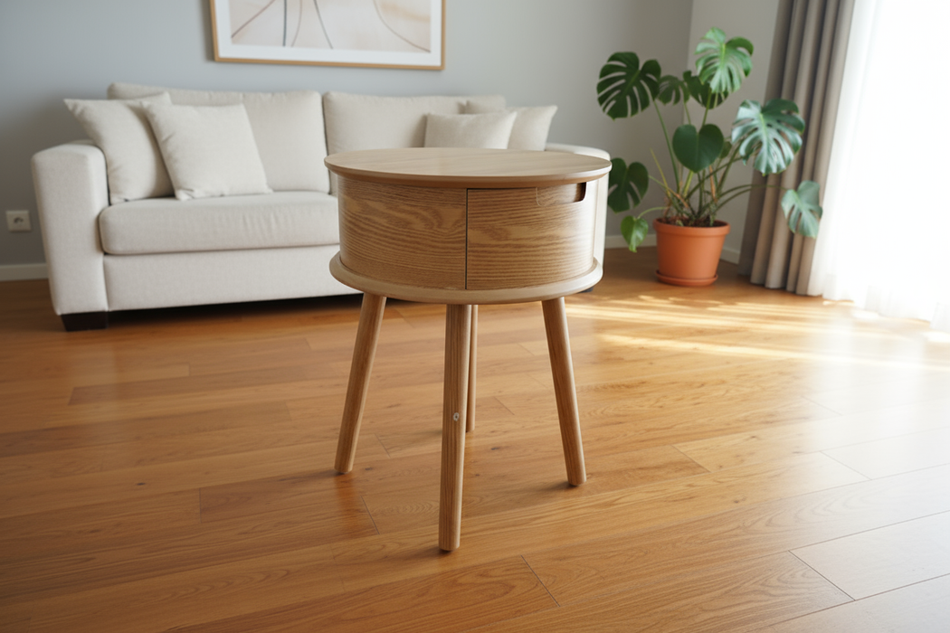 Table de chevet ronde avec 1 tiroir – design incurvé (Ø45 x 50 cm)