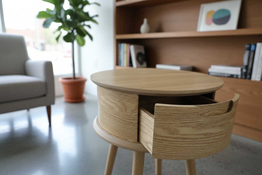 Table de chevet ronde avec 1 tiroir – design incurvé (Ø45 x 50 cm)