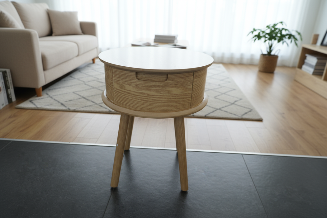 Table de chevet ronde avec 1 tiroir – design incurvé (Ø45 x 50 cm)