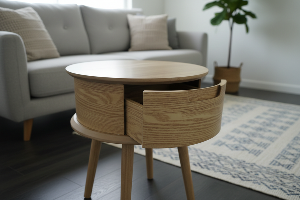 Table de chevet ronde avec 1 tiroir – design incurvé (Ø45 x 50 cm)