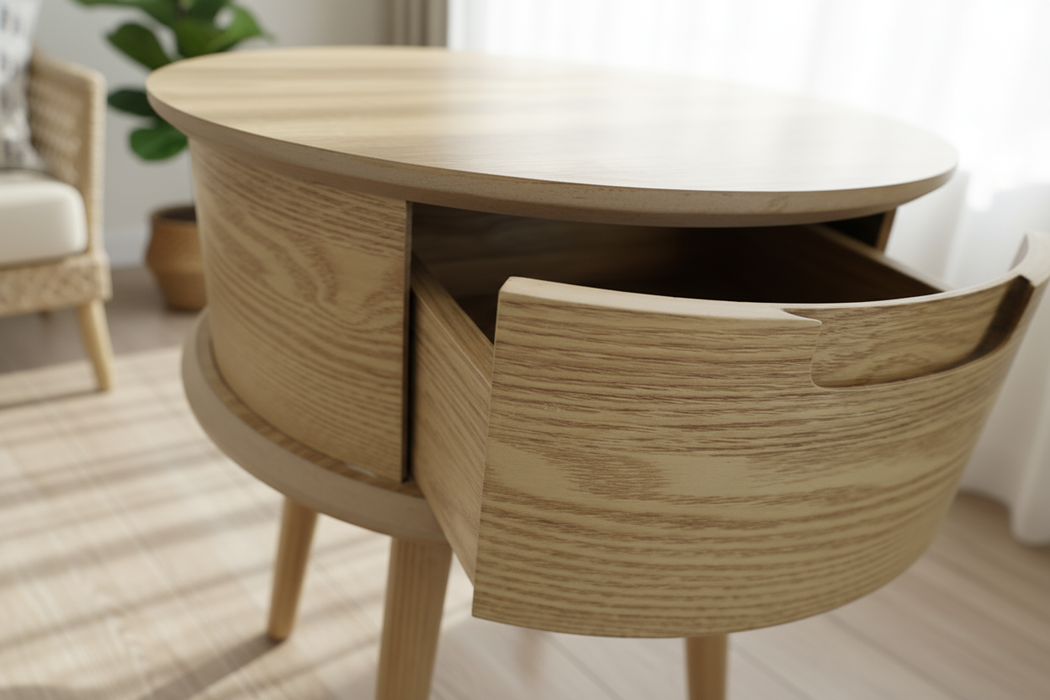 Table de chevet ronde avec 1 tiroir – design incurvé (Ø45 x 50 cm)