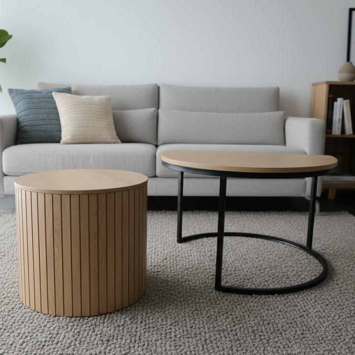 Rundes Couchtisch-Set zum Ineinanderstecken – 2-teilig mit Metallrahmen (Ø60 x 40 cm)