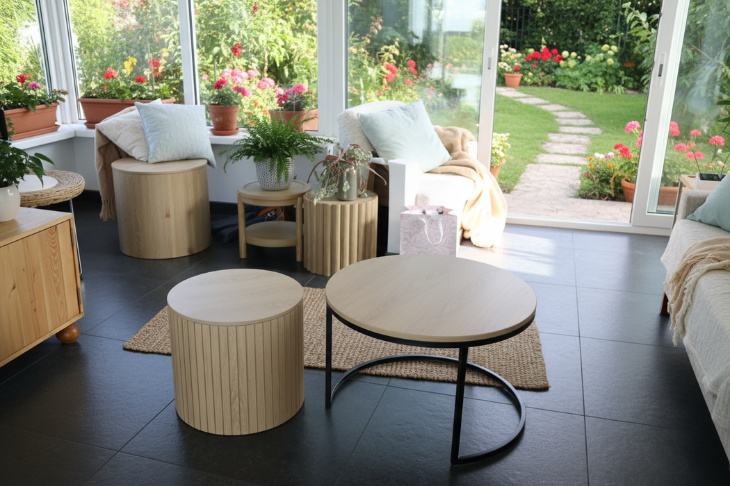 Rundes Couchtisch-Set zum Ineinanderstecken – 2-teilig mit Metallrahmen (Ø60 x 40 cm)