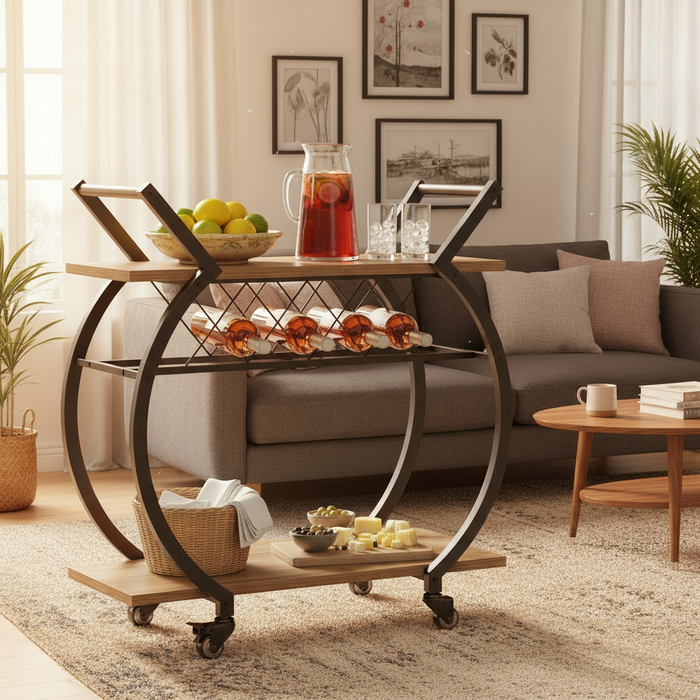 Barwagen met wijnrek – 2 lagen, hout & metaal, op wieltjes – rustiek eikenlook - KING®