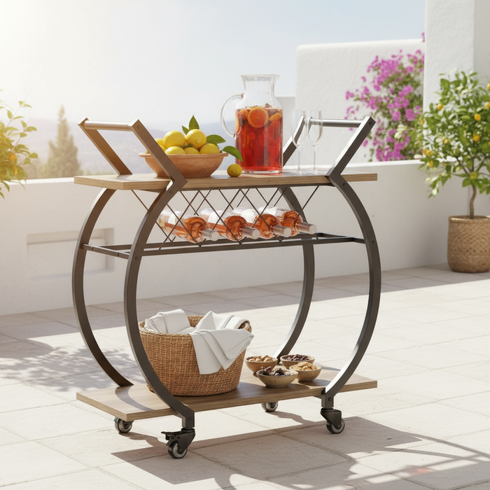 Barwagen met wijnrek – 2 lagen, hout & metaal, op wieltjes – rustiek eikenlook - KING®