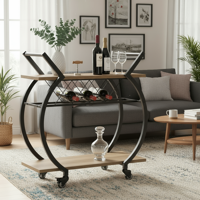 Barwagen met wijnrek – 2 lagen, hout & metaal, op wieltjes – rustiek eikenlook - KING®