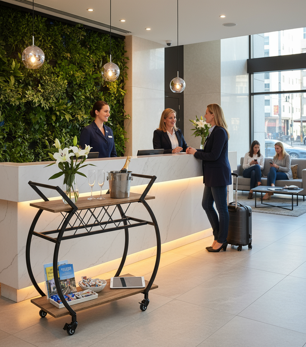 Barwagen met wijnrek – 2 lagen, hout & metaal, op wieltjes – rustiek eikenlook - KING®