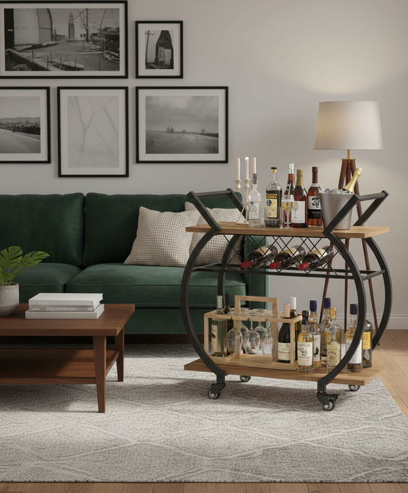 Barwagen met wijnrek – 2 lagen, hout & metaal, op wieltjes – rustiek eikenlook - KING®