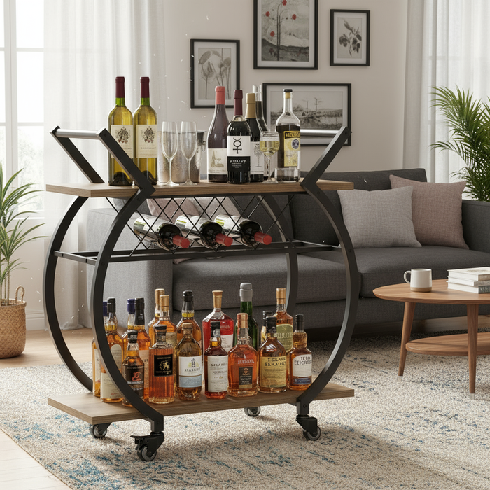 Barwagen met wijnrek – 2 lagen, hout & metaal, op wieltjes – rustiek eikenlook - KING®