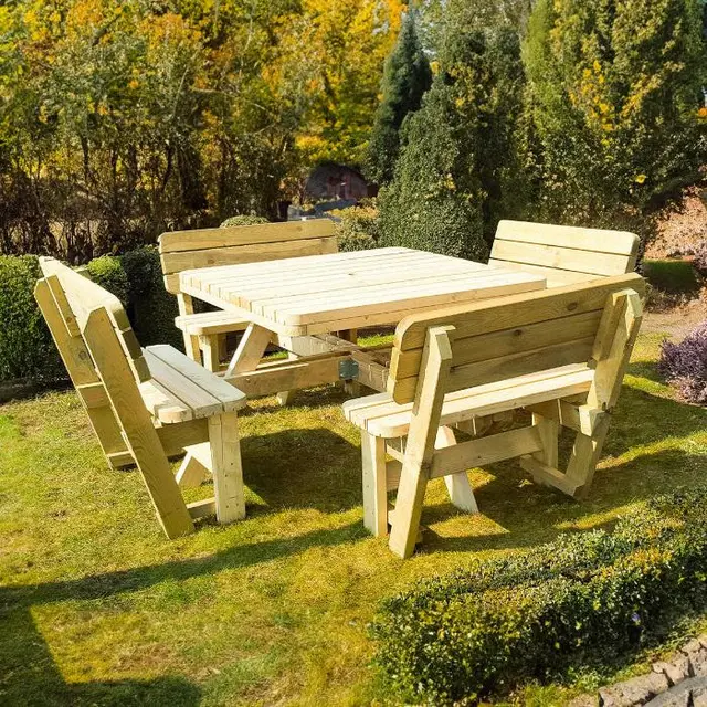 Vierkante picknicktafel XXL met 4 rugleuningen (265 × 265 cm) – foto 4